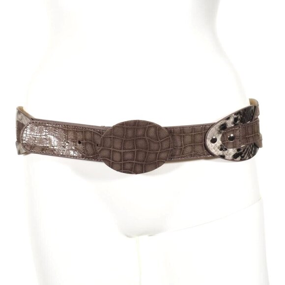 Chicos Brown Croc Embossed Leather Belt With Snake Print Accents Medium - Picture 1 of 7